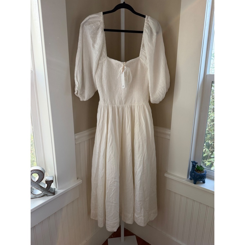 NWT Quince Organic Cotton Gauze Smocked Square Neck Midi Dress White Large - Picture 2 of 12